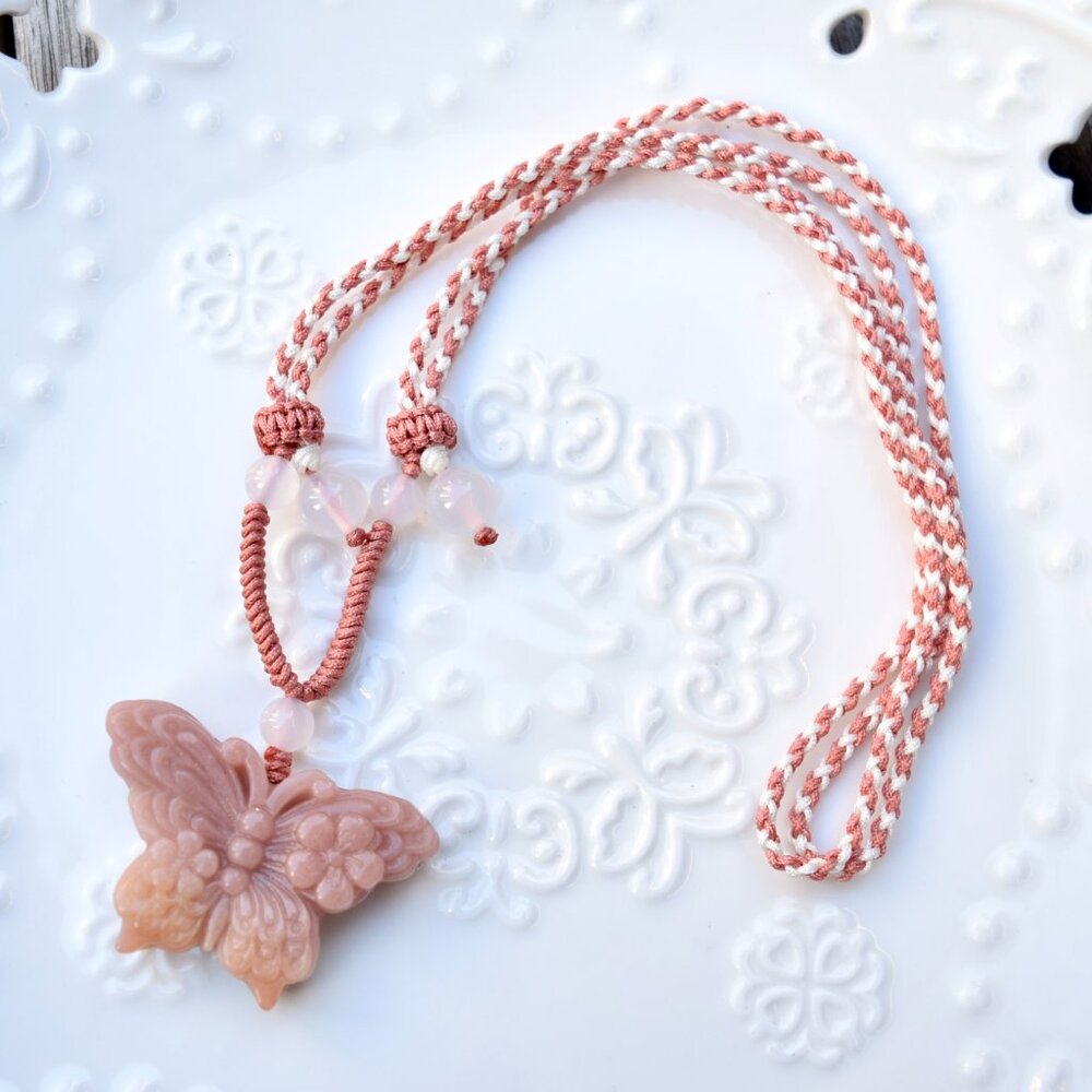 Flower Butterfly Pendant Rope Necklace - Pink Jade Pendant - Style 3